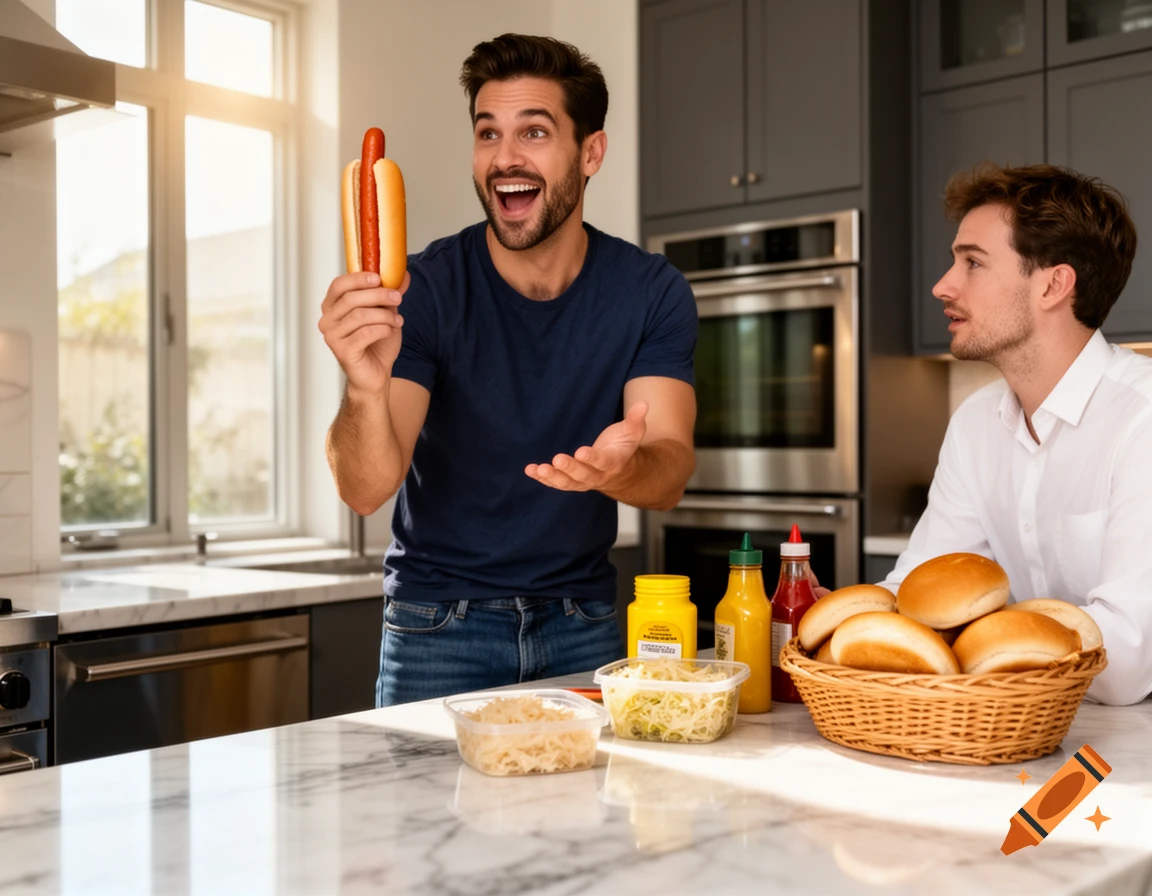 A man holding a hot dog excitedly towards another man in a modern kitchen, with hot dog buns and condiments on the counter.