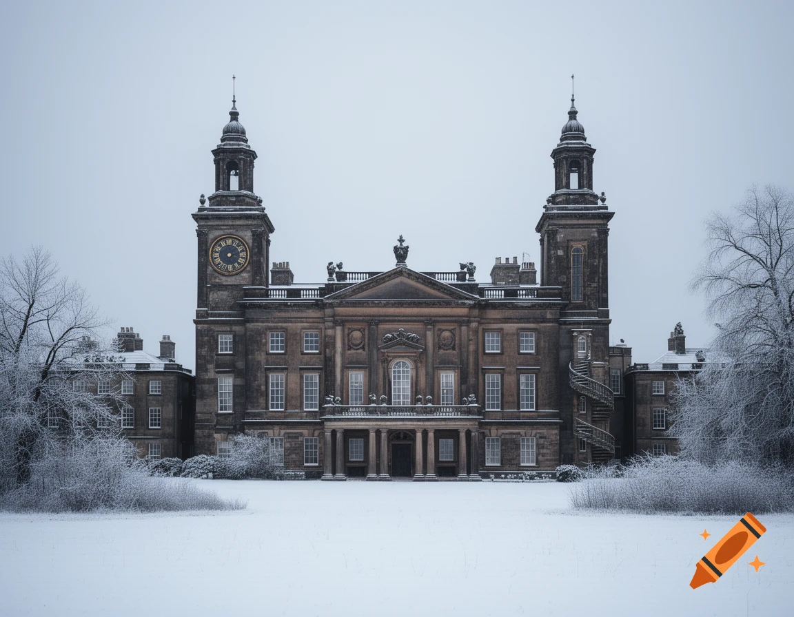 A symmetrical classical building with two prominent towers, one featuring a clock, stands grandly in a snow-covered landscape under a grey sky. Frosted trees flank the structure.