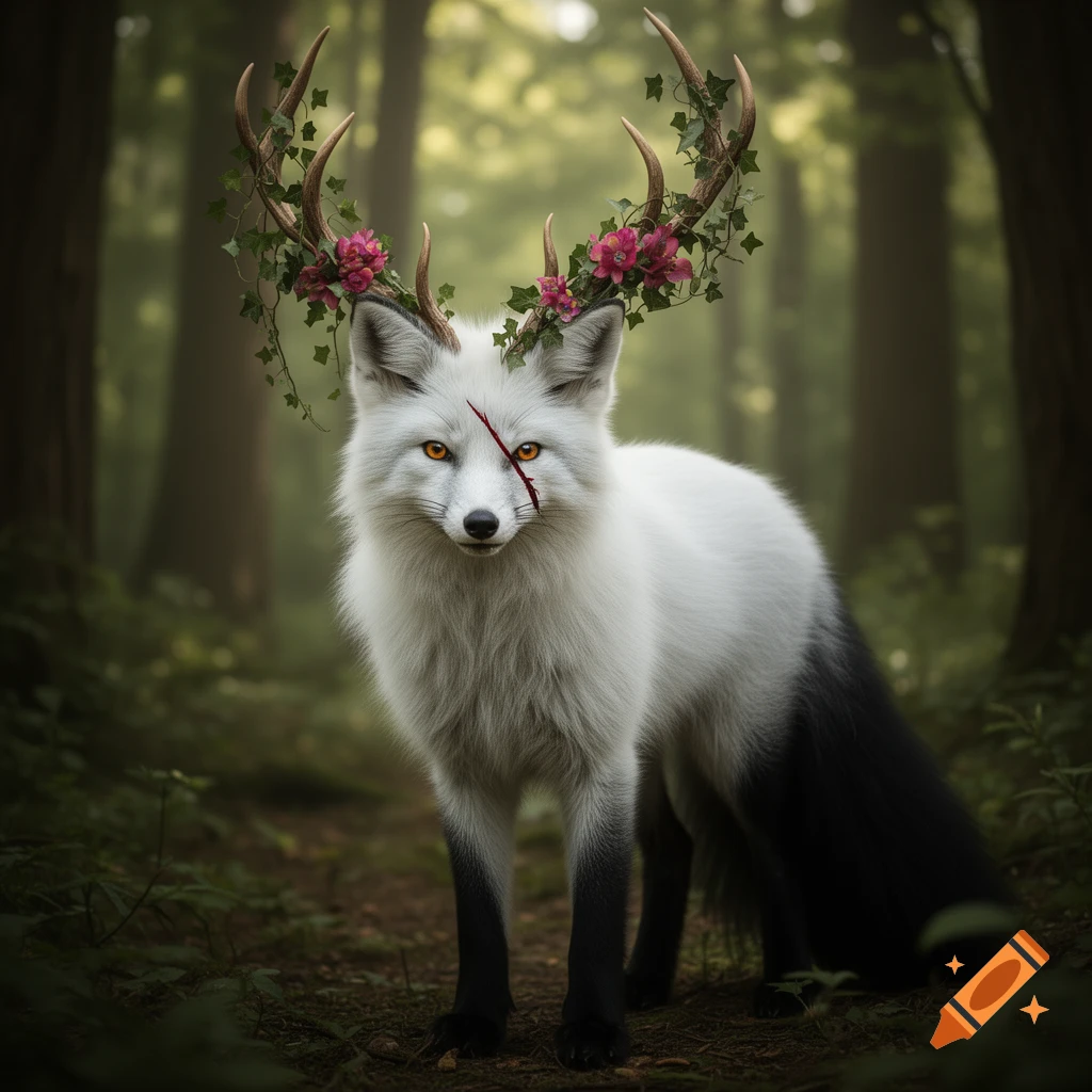 A photorealistic white and black fox-like creature with antlers adorned with ivy and pink flowers, and a scar across one amber eye, stands in a forest.