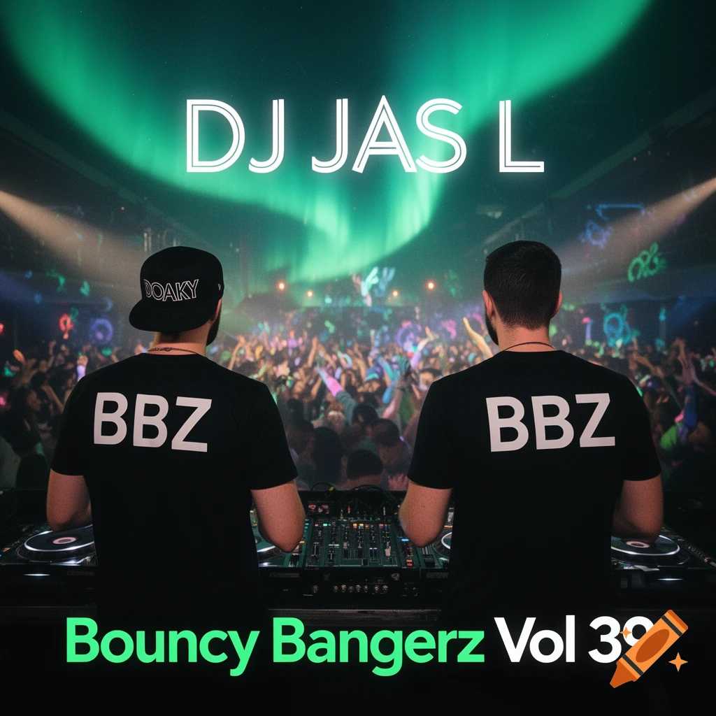 Two DJs from behind, wearing black t-shirts with 'BBZ' and a hat with 'DOAKY', perform for a crowd under green lights. Text reads 'DJ JAS L' and 'Bouncy Bangerz Vol 39'.