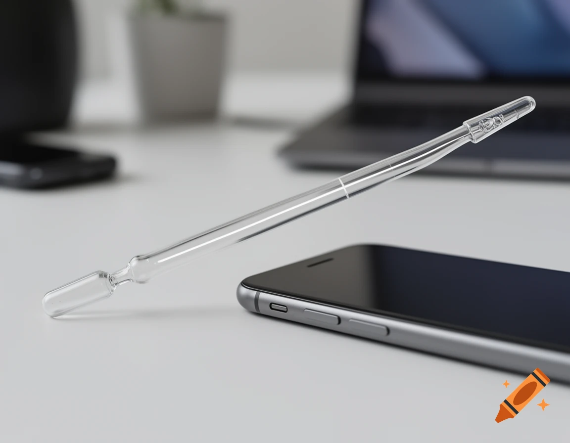 A clear plastic tube rests on a white desk next to a silver smartphone, with a blurred laptop and plant in the background in a photorealistic style.