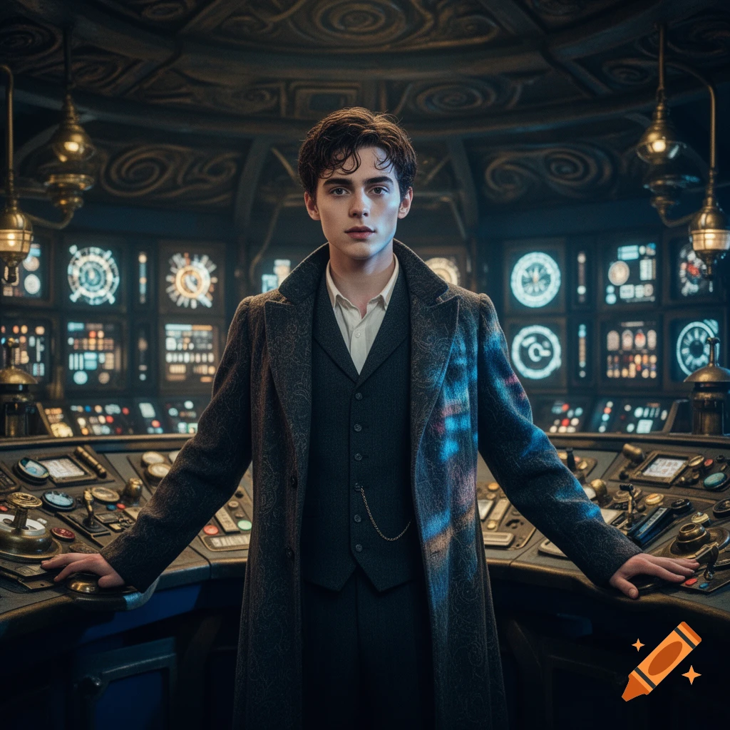 A young man with curly brown hair wearing a long coat and waistcoat stands in a sci-fi control room with many glowing screens and dials.