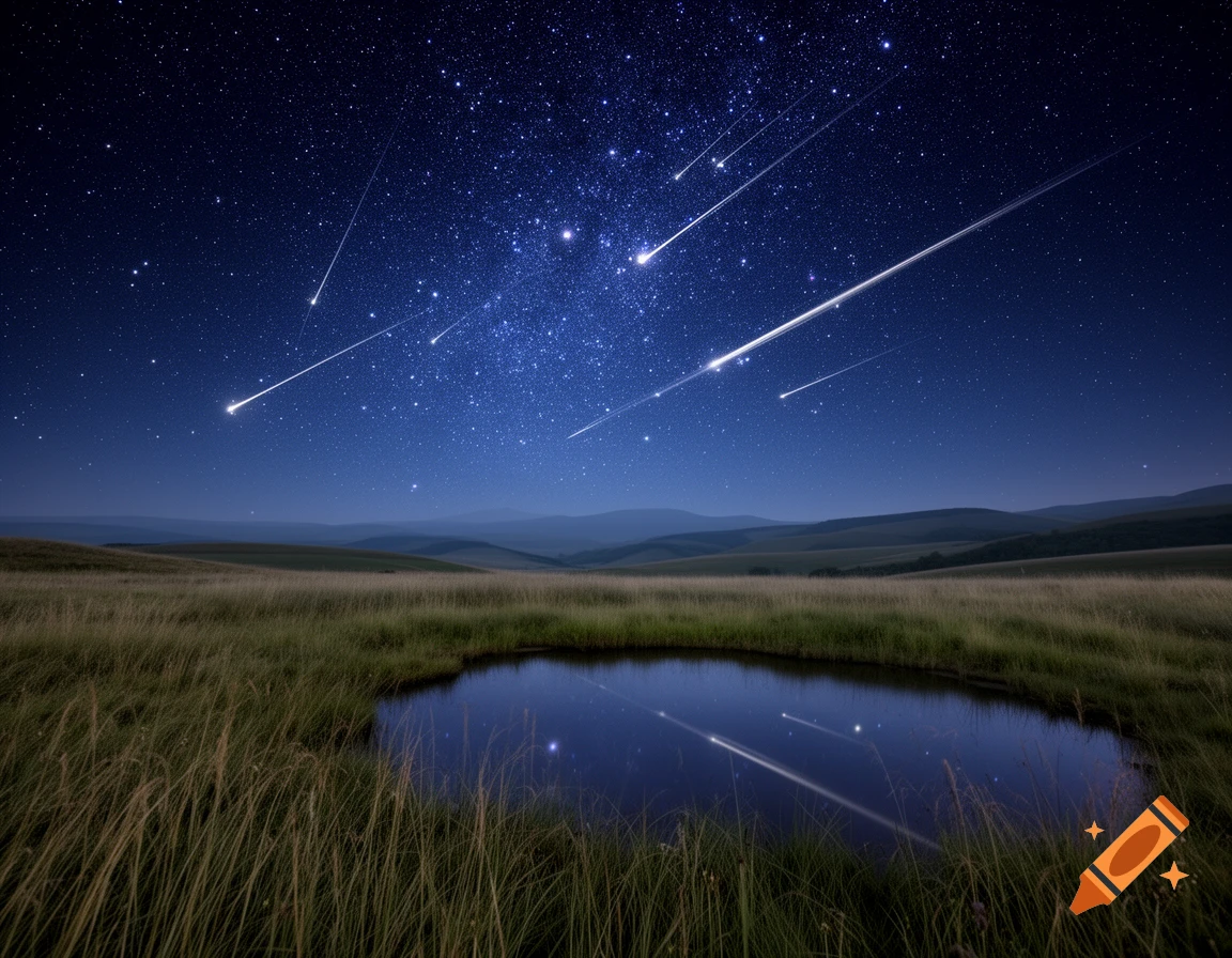 A serene night landscape with a vibrant starry sky, bright meteors streaking across, and their reflections in a pond amidst grassy fields.
