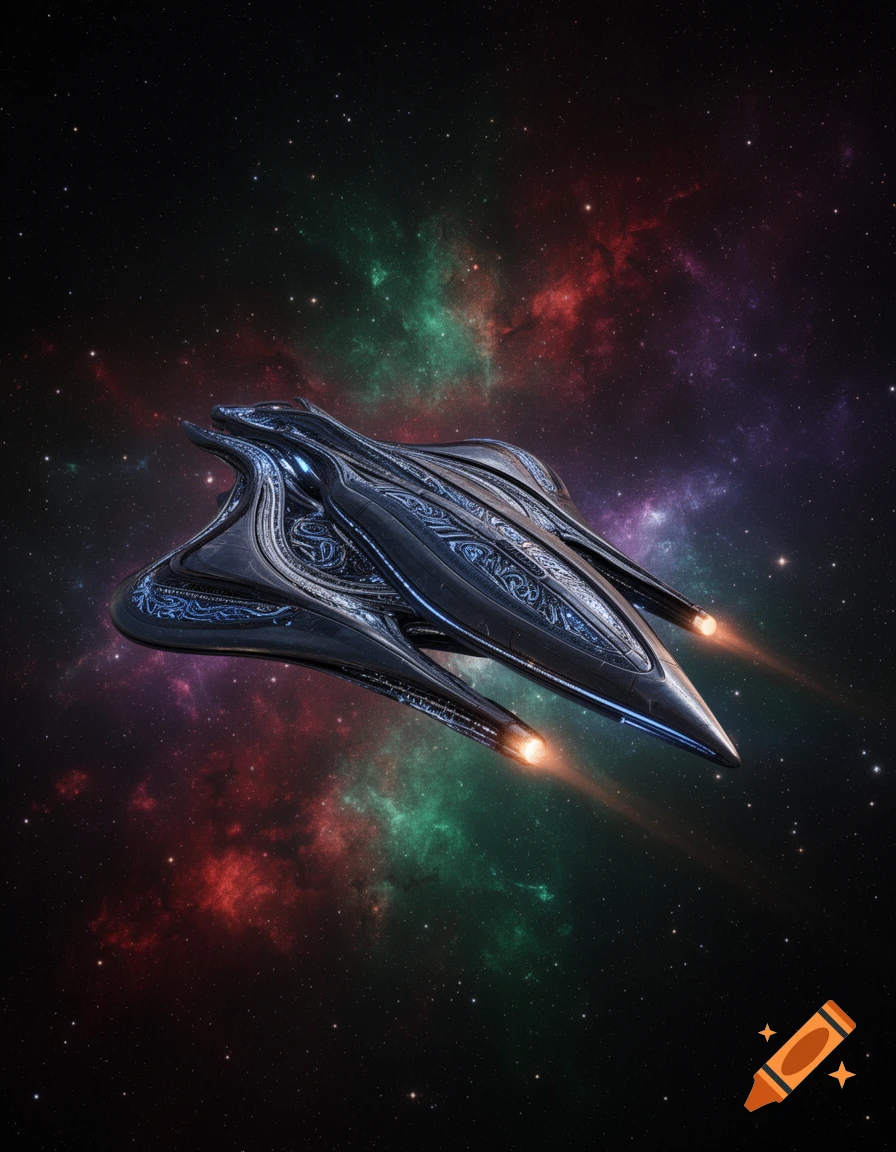 A detailed dark alien spaceship with intricate blue patterns and glowing engines flies through a vibrant, colorful nebula in space.