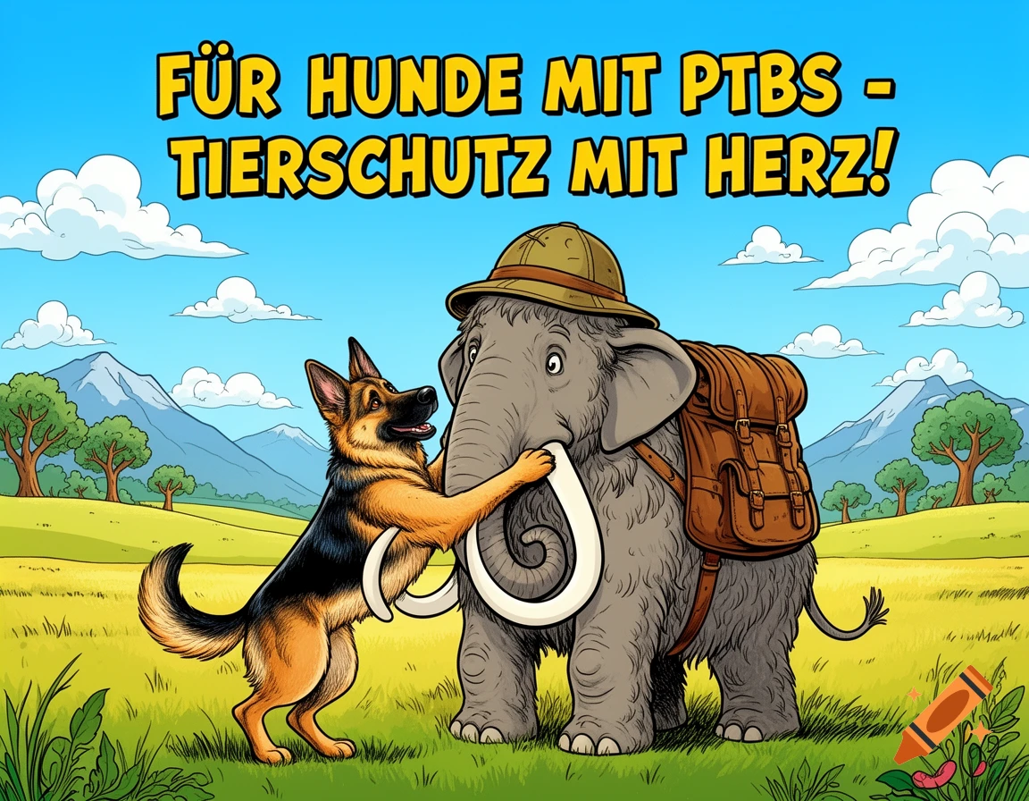 A cartoon German Shepherd dog hugs a hiking elephant wearing a pith helmet and backpack in a sunny field with mountains.