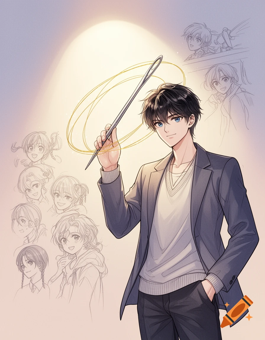 A smiling anime-style young man holds a large needle with golden thread, surrounded by faint character sketches.