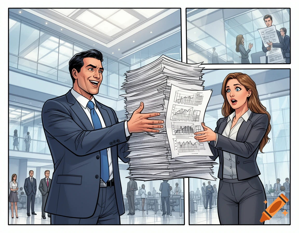 A comic art illustration shows a smiling male boss giving a huge stack of papers to a surprised female worker in a modern office.