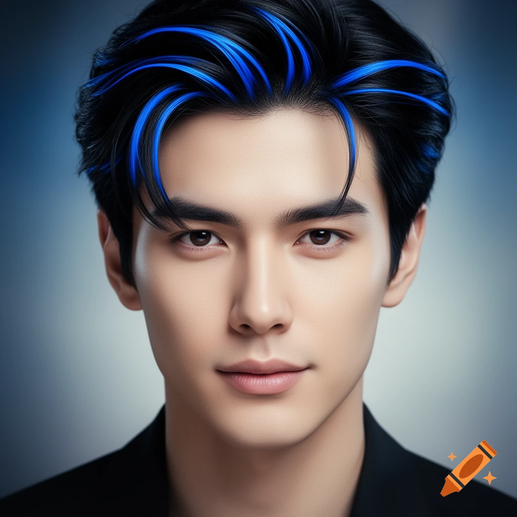 Close-up photorealistic portrait of an attractive young man with black hair and bright blue streaks, looking directly at the viewer.