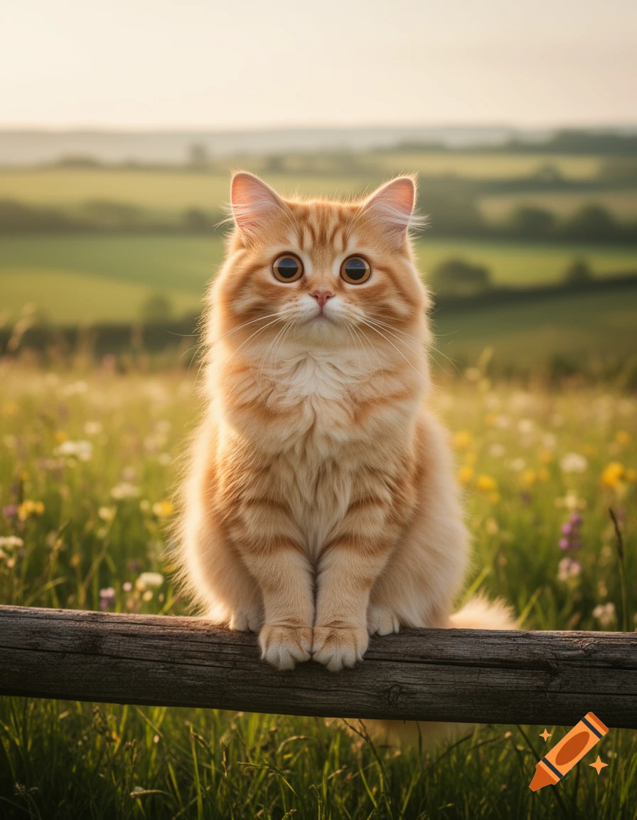 A fluffy orange cat with big eyes sits on a wooden fence in a sunny, wildflower-filled meadow, photorealistic.