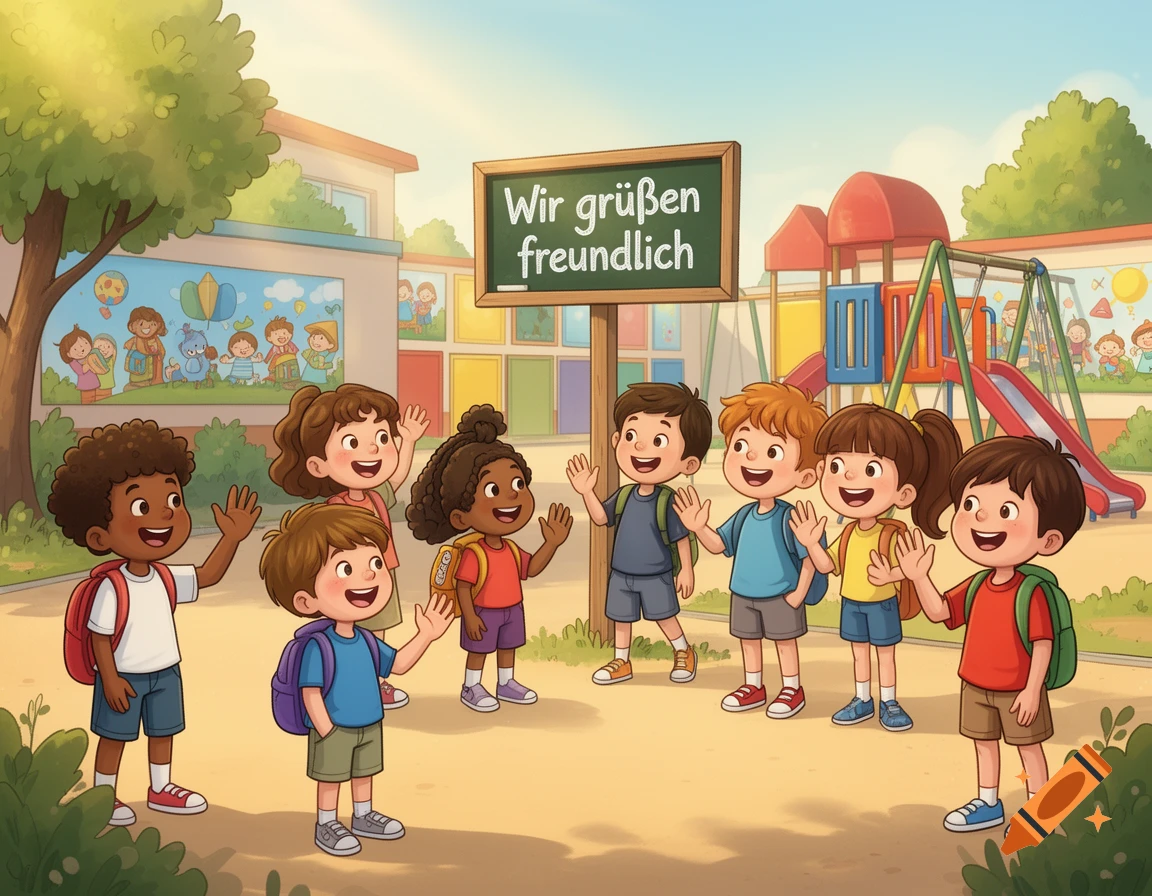 A group of cheerful diverse cartoon children wave in a schoolyard with a playground, under a sign reading 'Wir gr R ssen freundlich'.