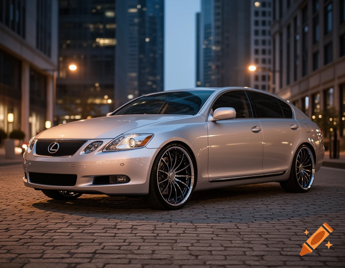 A silver Lexus GS sedan with black Forgiato rims on a cobblestone city street at dusk, with buildings and streetlights.
