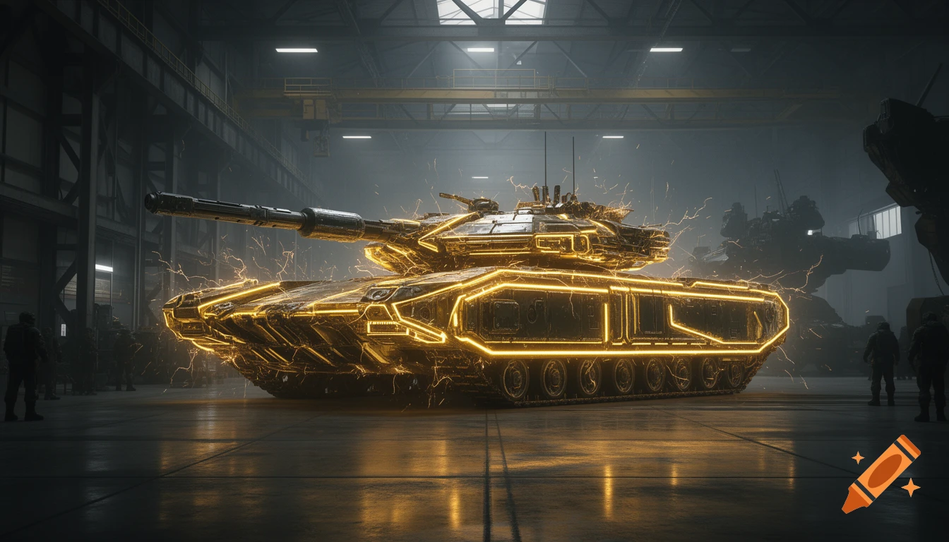 A futuristic heavy tank, glowing with bright yellow neon lights and electric sparks, sits in a dark, hyper-detailed military garage.