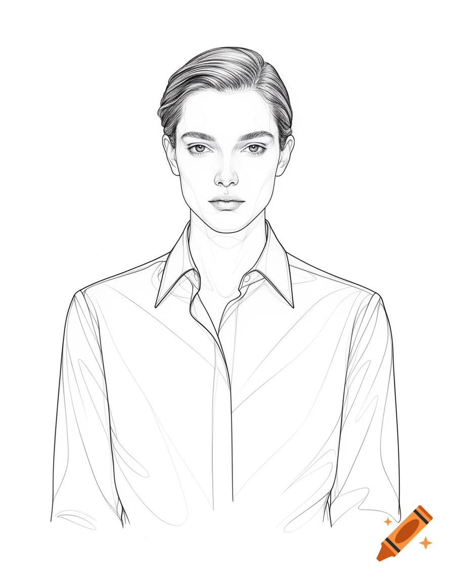 Black and white line drawing of a person with short, slicked-back hair, wearing a collared shirt and looking forward.