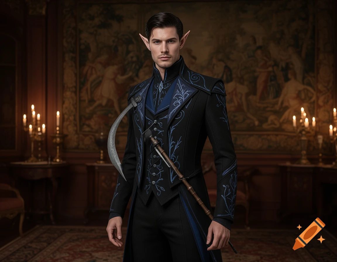 Photorealistic portrait of an elegant male elf in a black and blue embroidered suit, holding a curved blade in a rich salon.