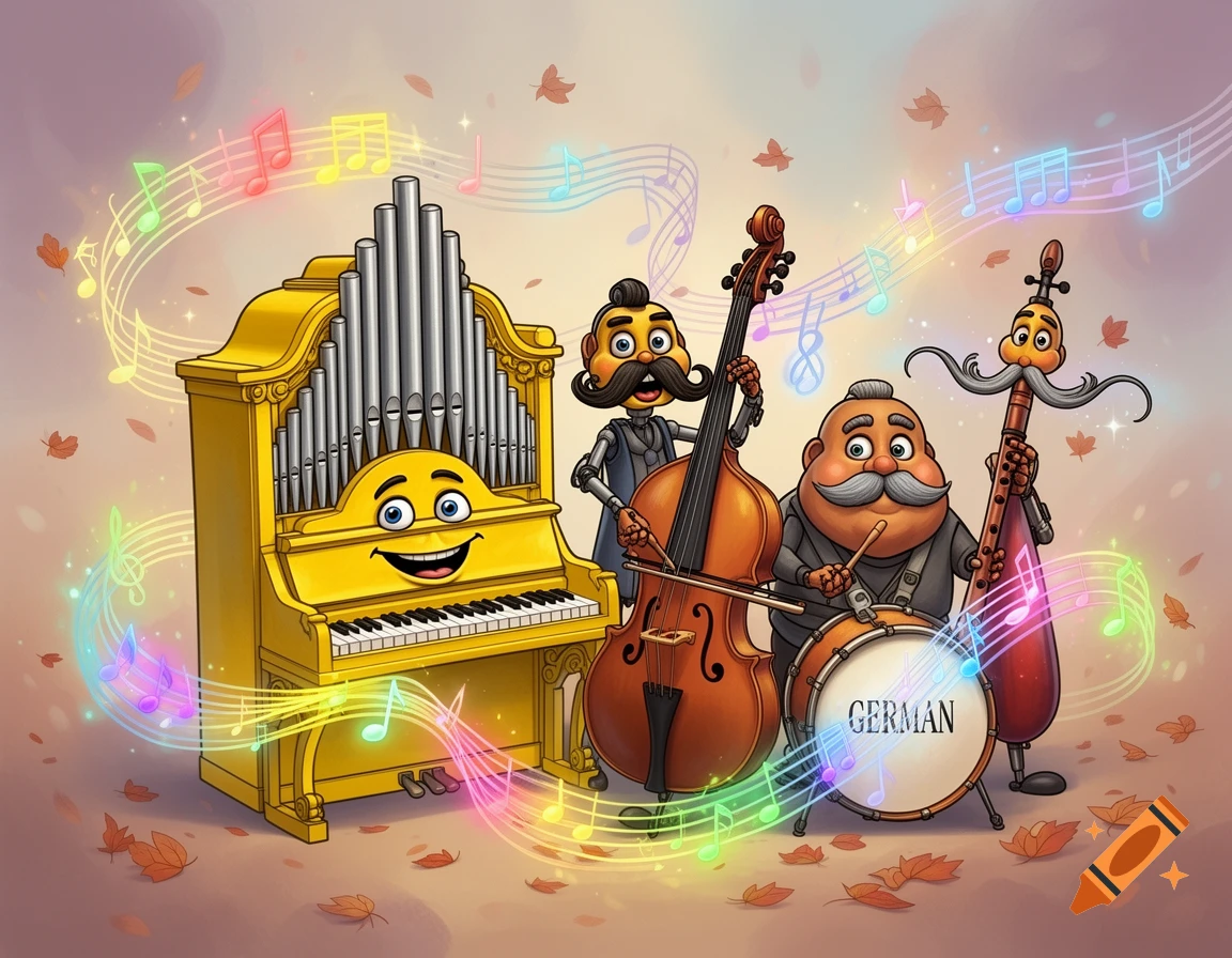 A cartoon band of four living musical instruments: a yellow organ, a cello, a drum labeled "GERMAN", and an oboe, playing music with colorful notes and autumn leaves.