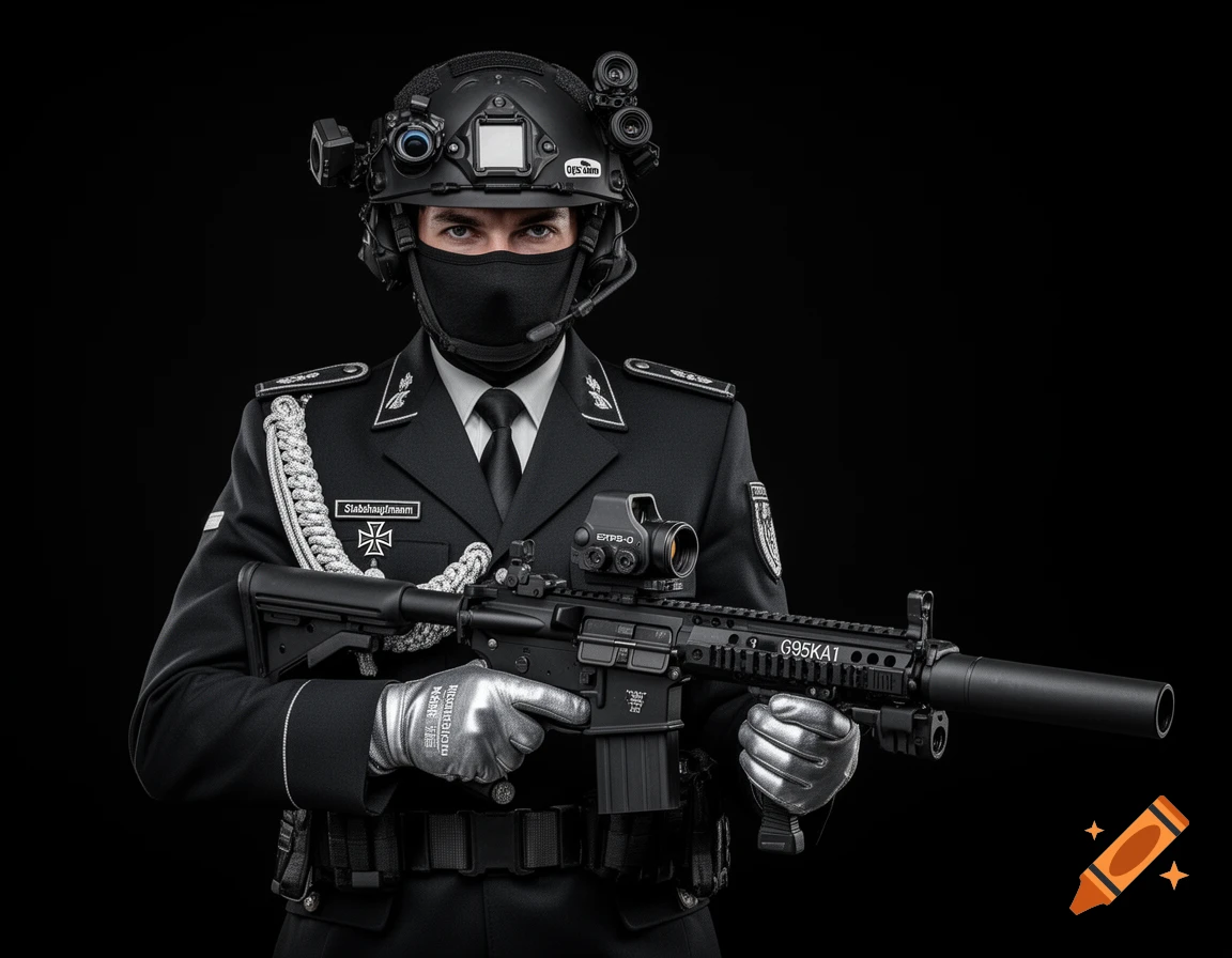 A person in a black and silver German military-style uniform, mask, helmet, and tactical gear, holding a black rifle.