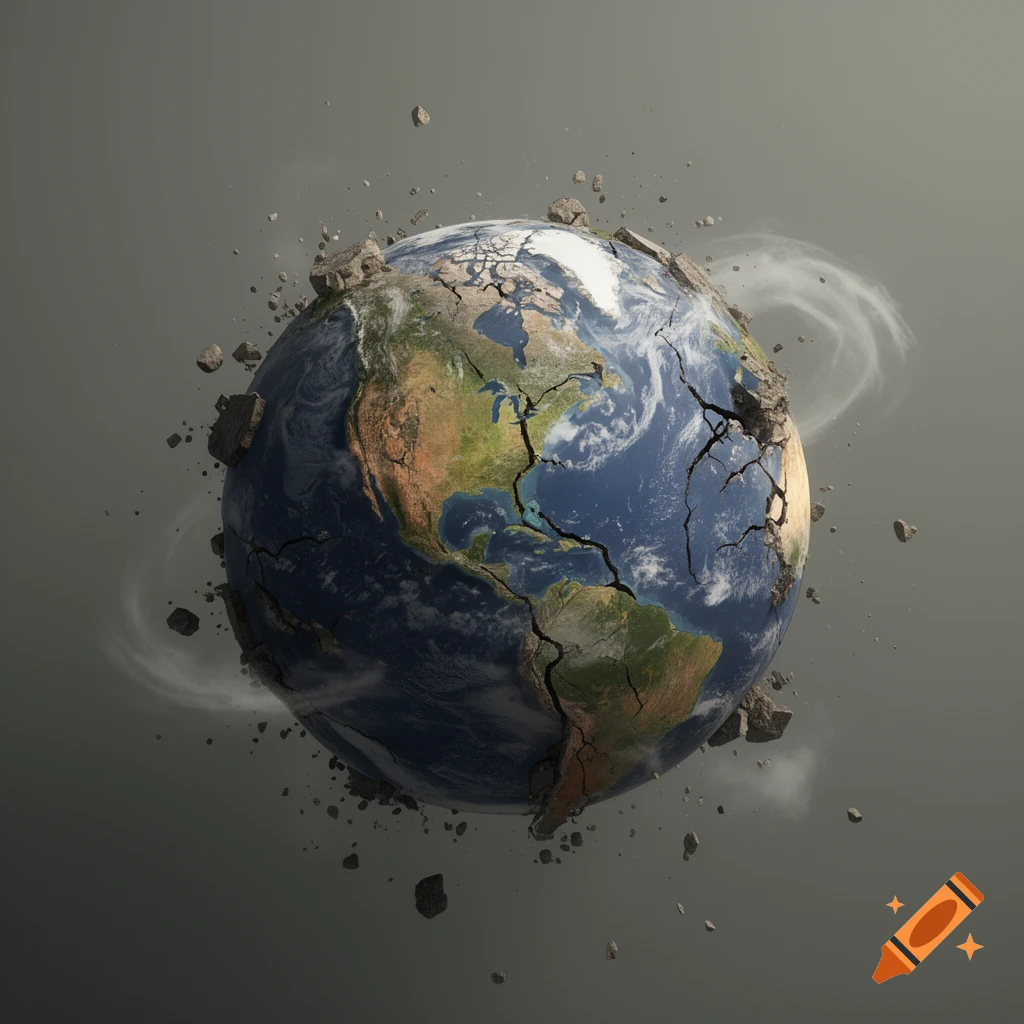 A 3D render of Earth, heavily cracked and crumbling into pieces, showing North and South America.