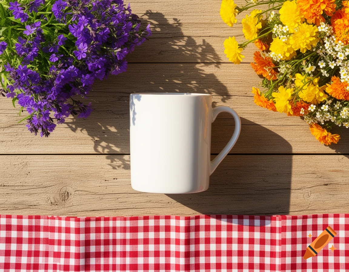 A flat-lay photo of a blank white mug on a rustic wooden table, flanked by purple and yellow-orange flower bouquets, with a red checkered cloth at the bottom, cast in warm sunlight.