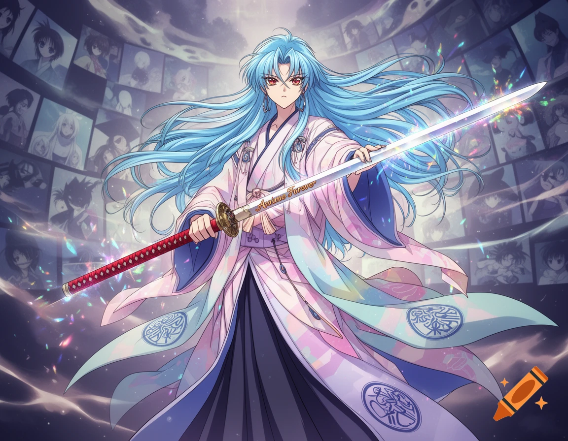 An anime character with long blue hair, red eyes, wearing a kimono, wielding a glowing katana with 'Anime Forever' on it, against a background of anime portraits.