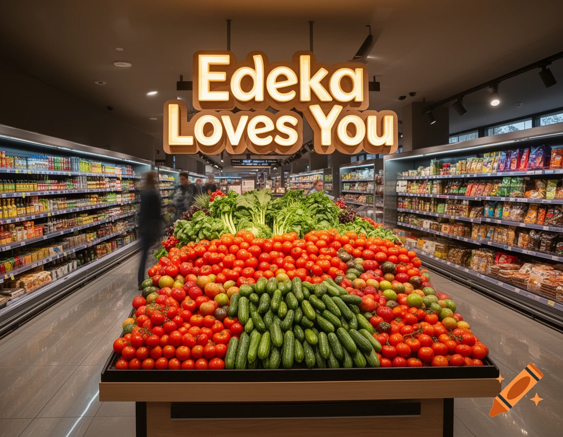 Photorealistic image of a grocery store with a large produce display of tomatoes, cucumbers, and lettuce. A sign above reads 'Edeka Loves You'.