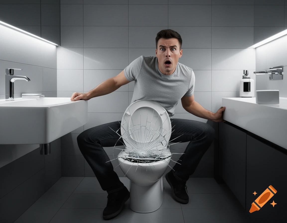 A surprised man sits awkwardly over a shattered toilet seat in a modern bathroom, looking directly at the viewer.