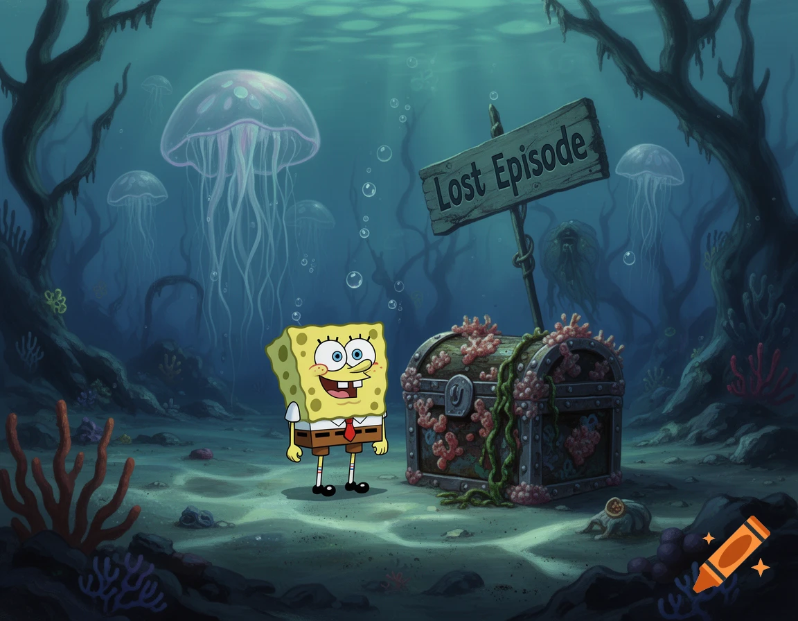 SpongeBob stands in a dark underwater scene with jellyfish, a coral-covered treasure chest, and a sign reading 'Lost Episode'.