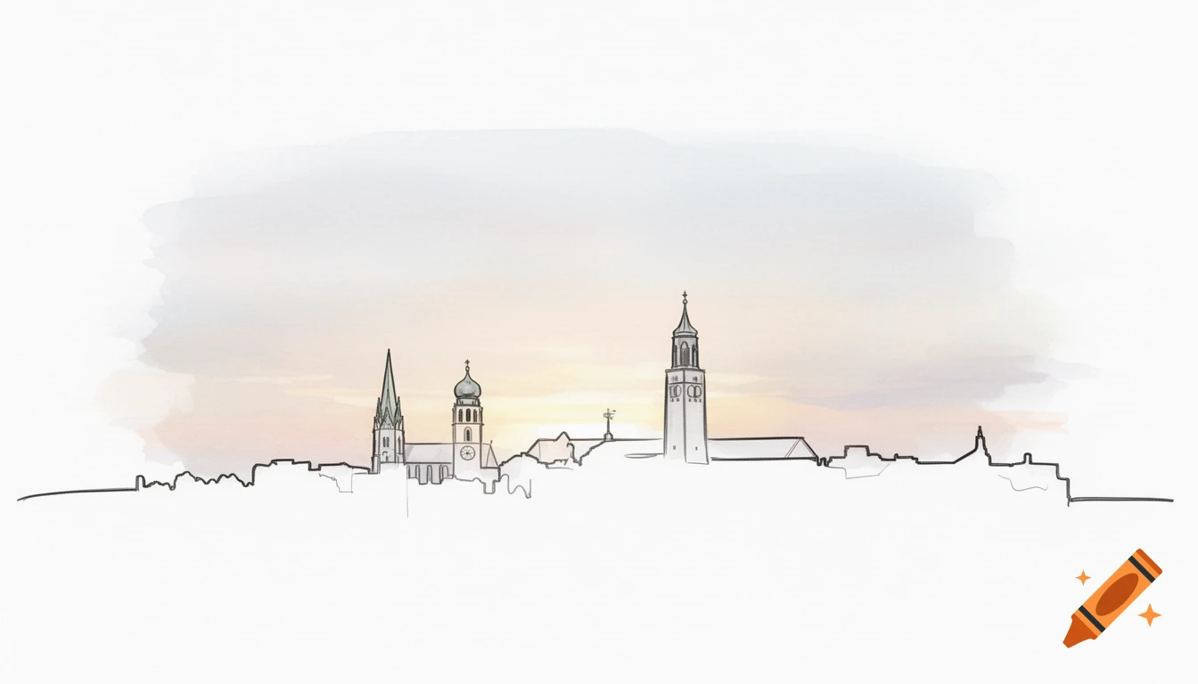 Minimalist line art drawing of a city skyline with prominent church spires against a pale watercolor sky.