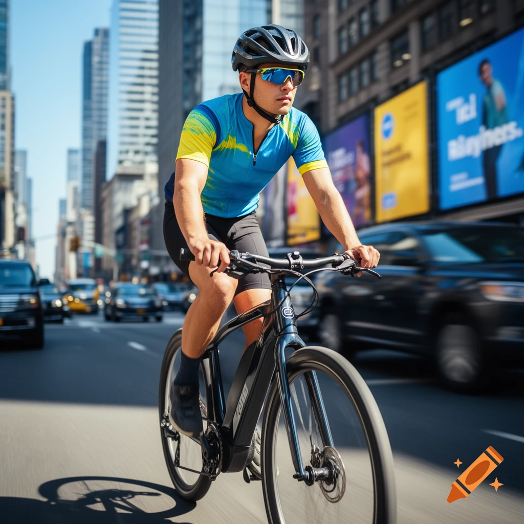 A man on an e-bike cycles down a sunny city street with tall buildings and billboards in the background, captured in a dynamic perspective.