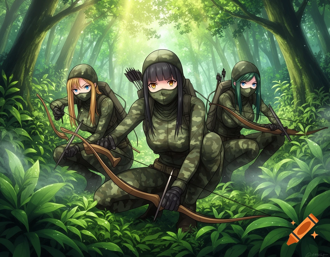 Anime illustration of three female hunters in camouflage, crouching with bows in a lush forest, bathed in sunlight.