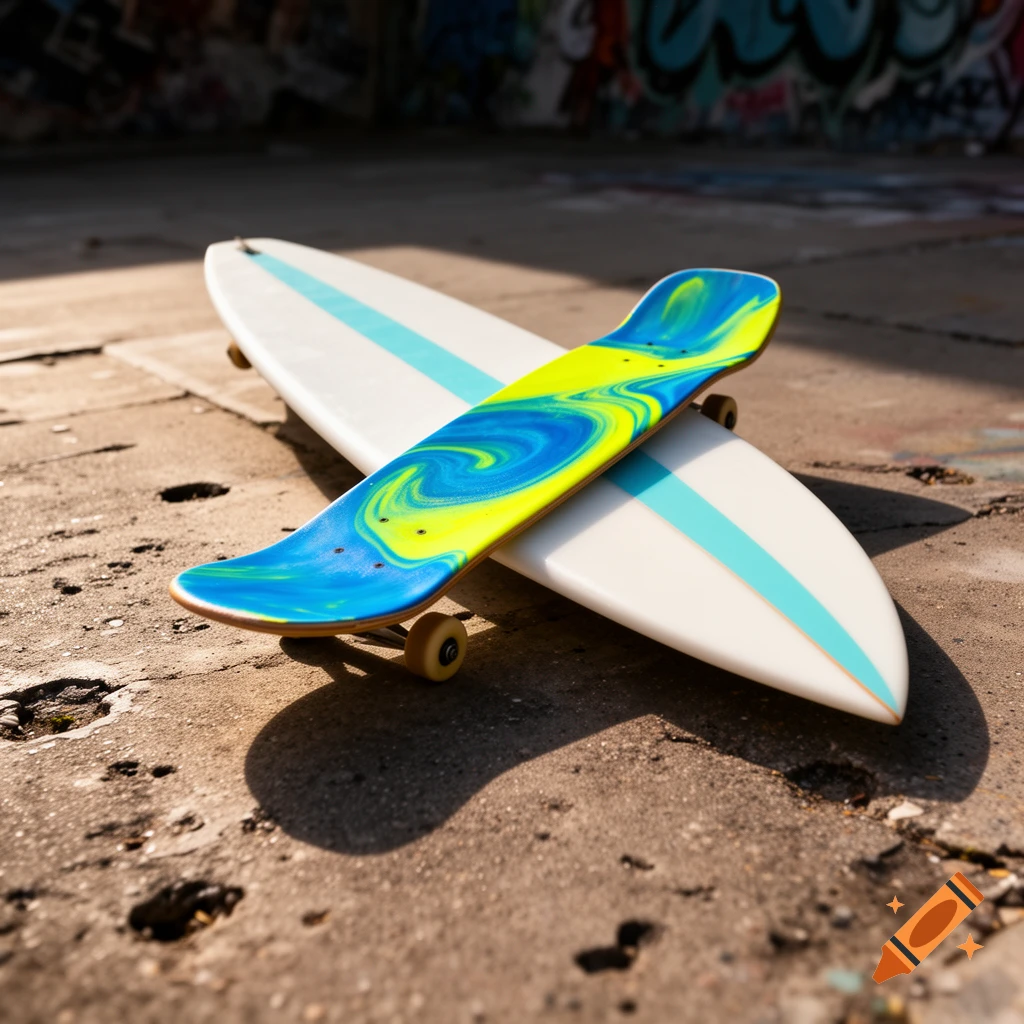 A skateboard with a blue and yellow swirled design rests on a white surfboard on concrete, with graffiti in the background.