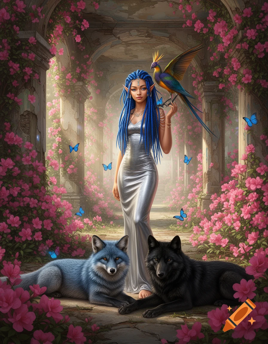 Fantasy woman with blue dreadlocks, pointy ears, silver dress, stands with a blue fox, black wolf, and parrot in a flower-filled temple with blue butterflies.