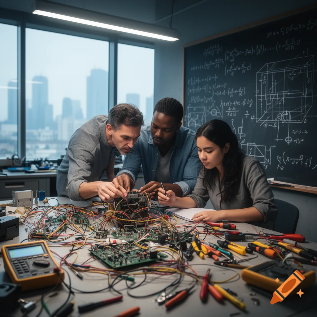 Three diverse people collaborate on intricate electronic components and wires at a desk, with a city view and a chalkboard of equations behind them.
