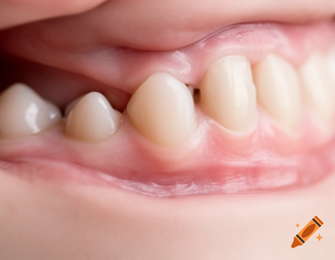 Detailed close-up of the side view of human gums and teeth in the lower jaw.