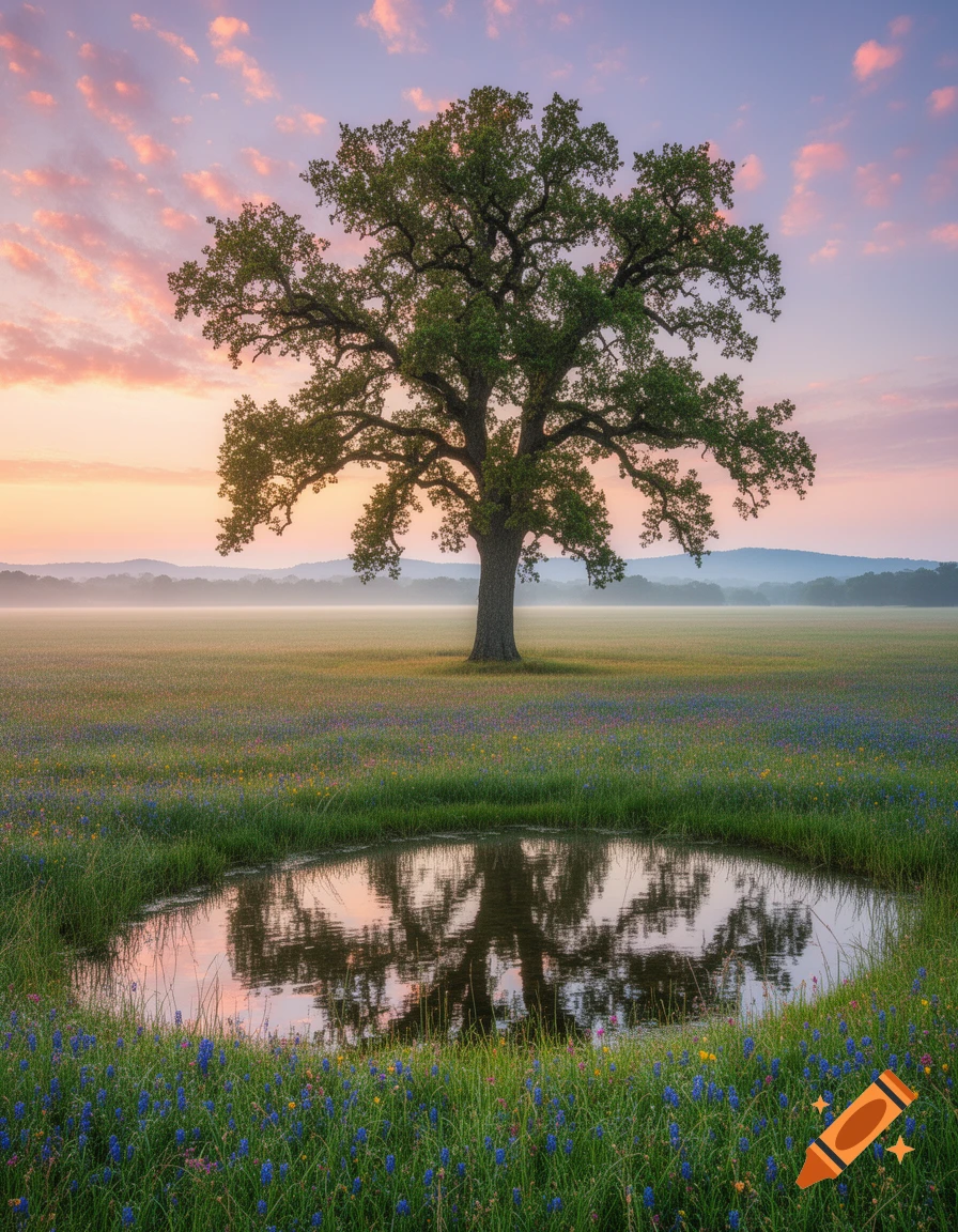 A large oak tree stands in a field of wildflowers by a pond, reflecting the misty sunrise sky.