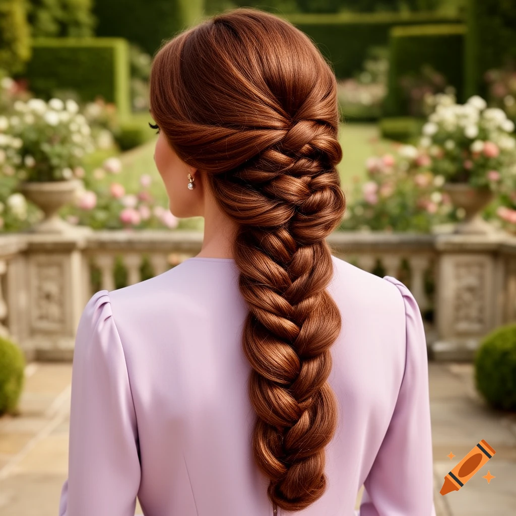 Back of a woman with long, intricate reddish-brown braided hair in an updo, wearing a lavender dress, in a garden.