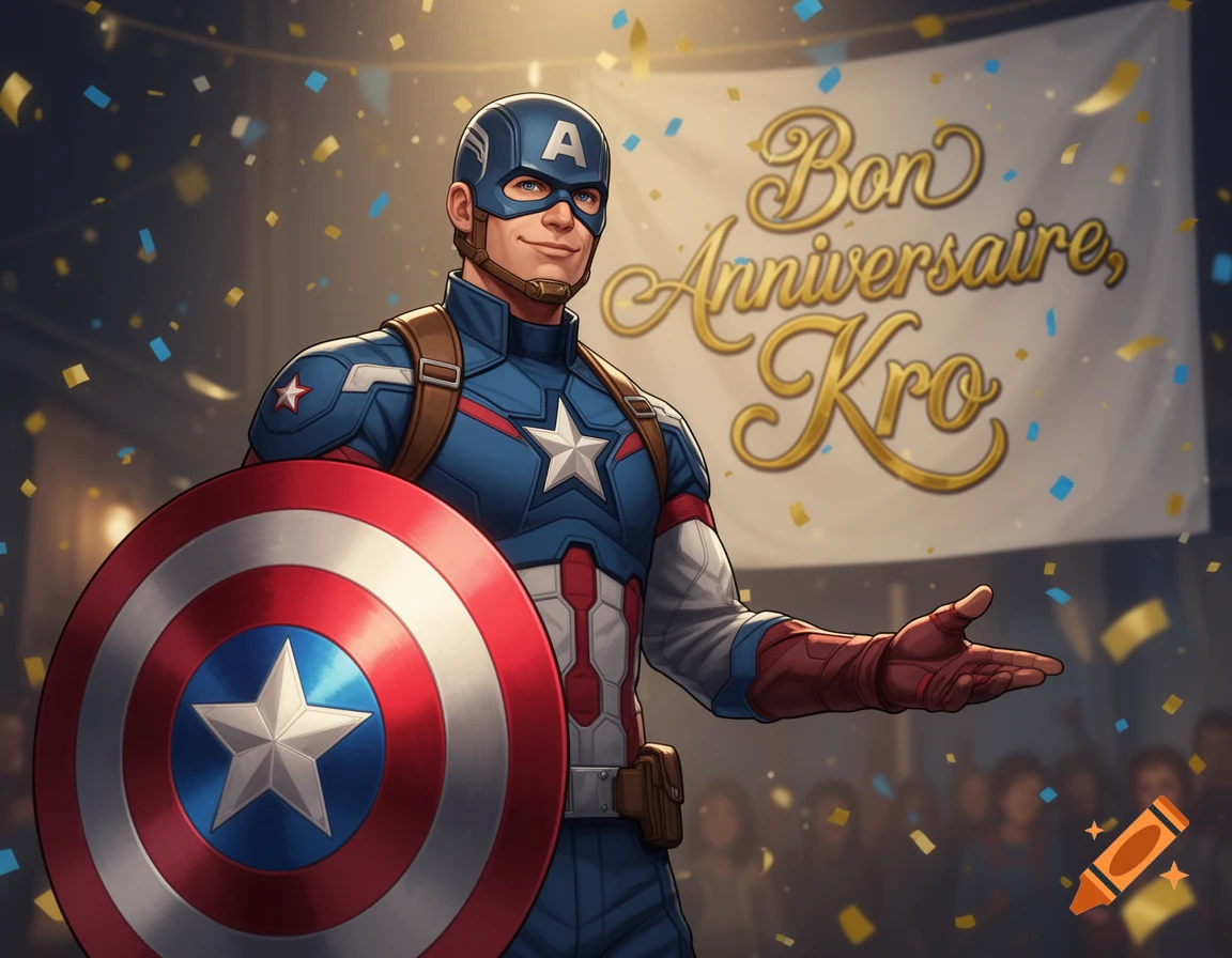 Captain America in a comic art style, with his shield, presents a "Bon Anniversaire, Kro" banner and falling confetti.