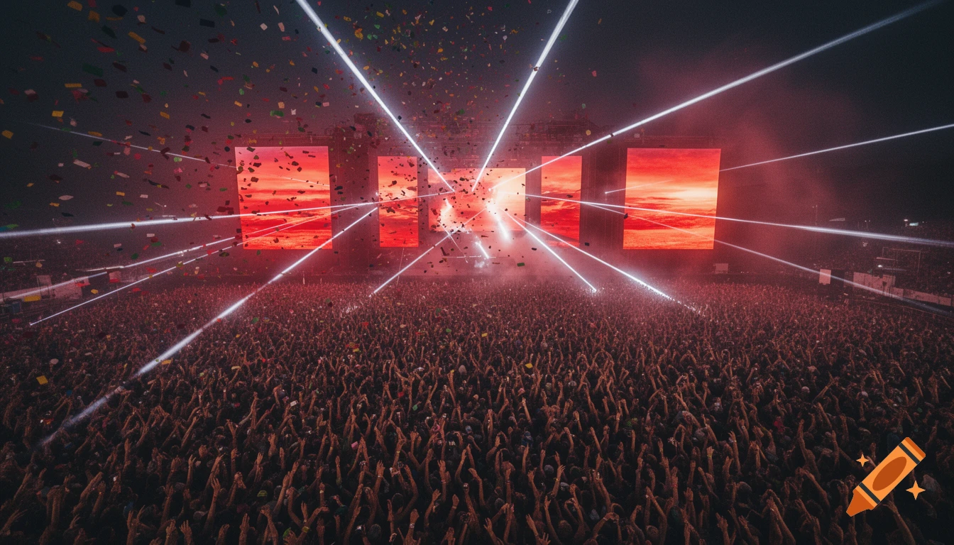 A vast crowd with raised hands at a music festival, illuminated by bright lasers and red LED screens as confetti falls.