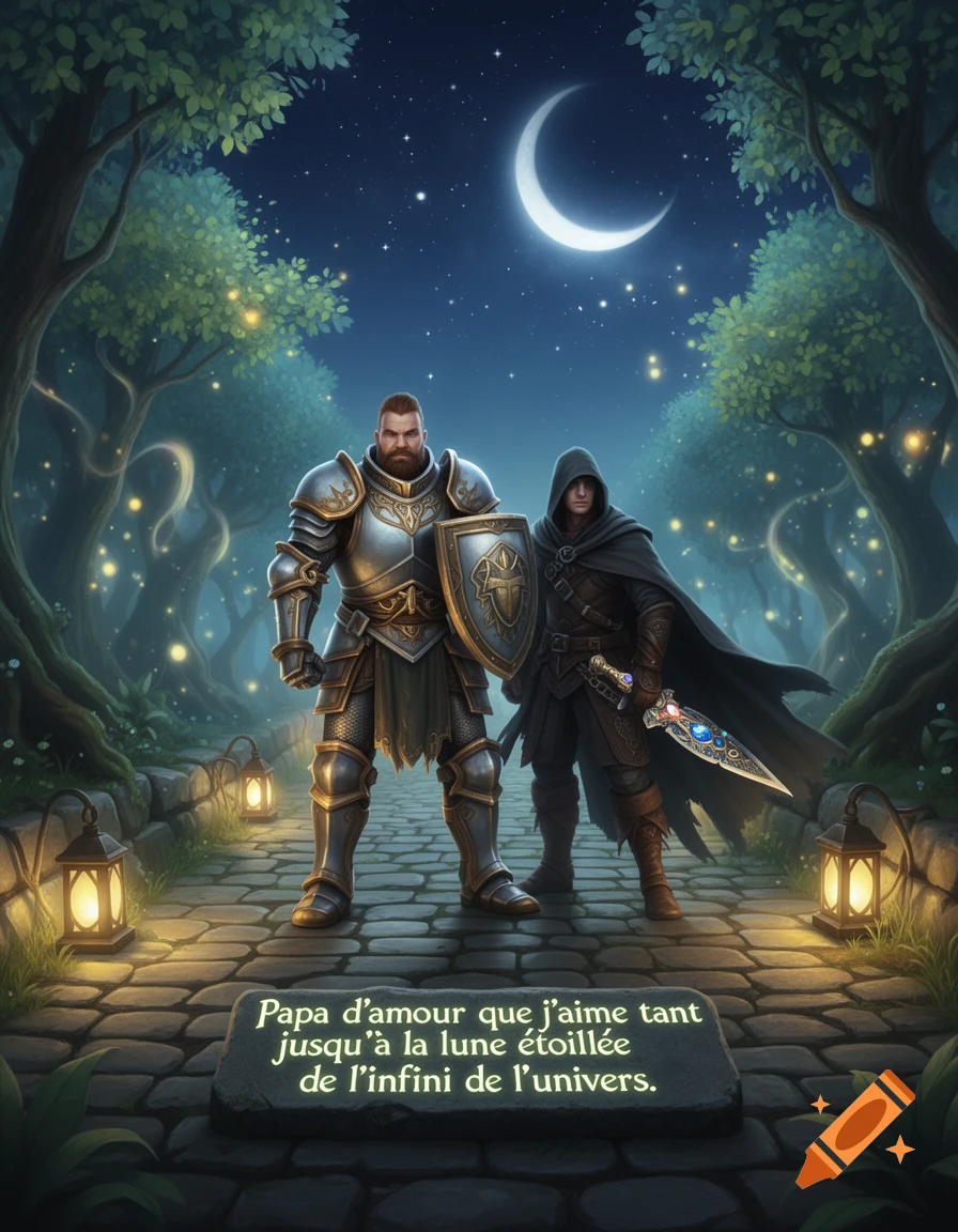 A knight and a hooded rogue stand on a stone path in a magical forest at night under a crescent moon. A stone slab with text is in the foreground.