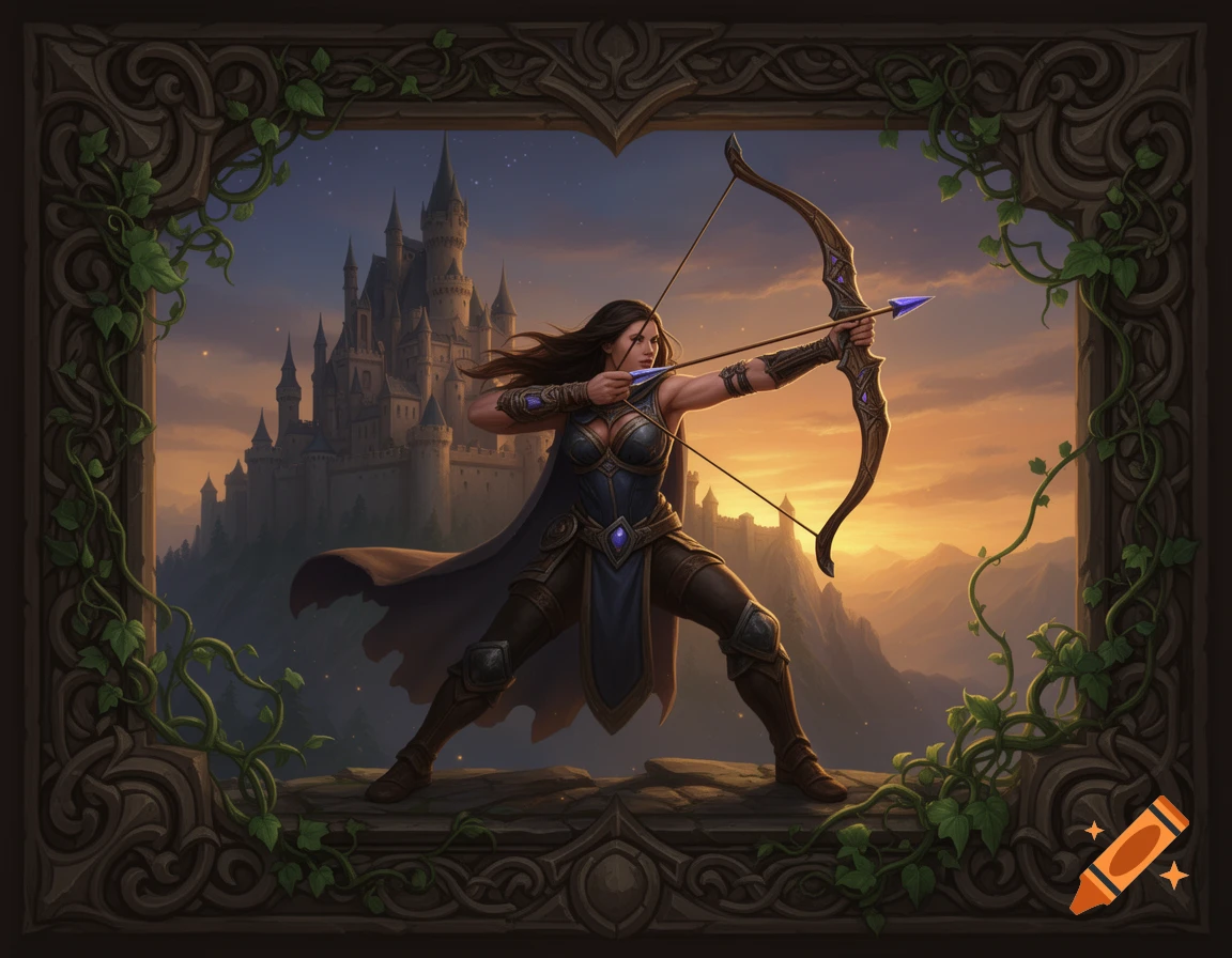 A female archer draws her longbow against a sunset backdrop of a medieval castle and mountains, framed by intricate leafy borders in a digital art style.