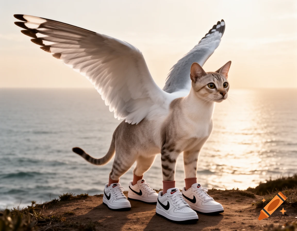 A winged cat wearing Nike sneakers and pink socks stands on a cliff overlooking the ocean at sunset.