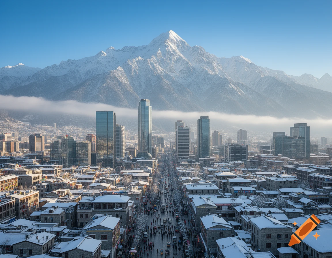 Panoramic view of a snow-covered city with skyscrapers and a busy street, backed by towering snow-capped mountains under a blue sky.