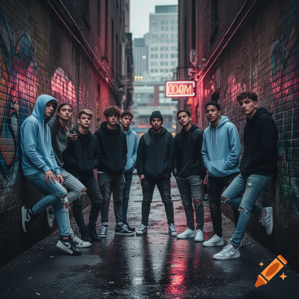 A group of young men in streetwear standing in a dark, wet urban alleyway with graffiti and red neon light, photorealistic style.