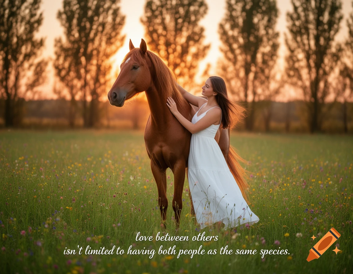 A woman in a white dress embraces a brown horse in a flower-filled field at sunset, with text overlaid.