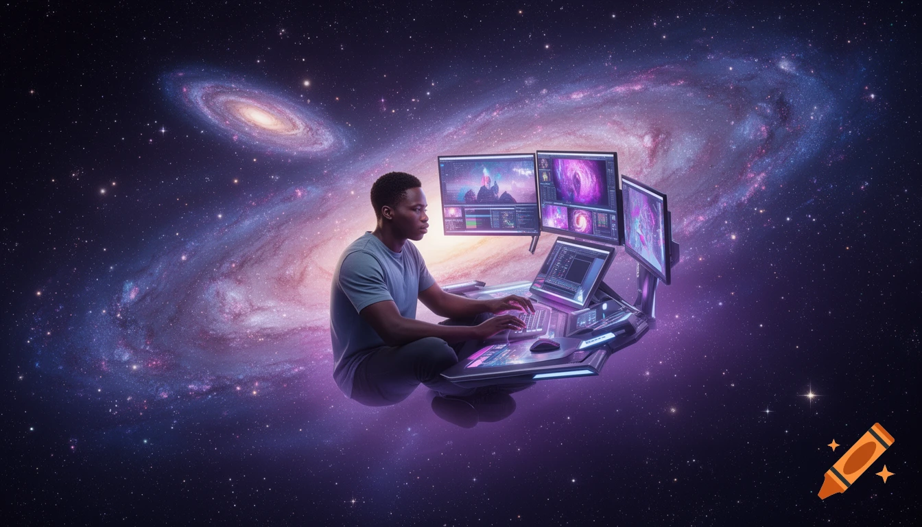 A young Black man floats in deep space, sitting cross-legged at a glowing futuristic computer workstation with multiple monitors, surrounded by galaxies.