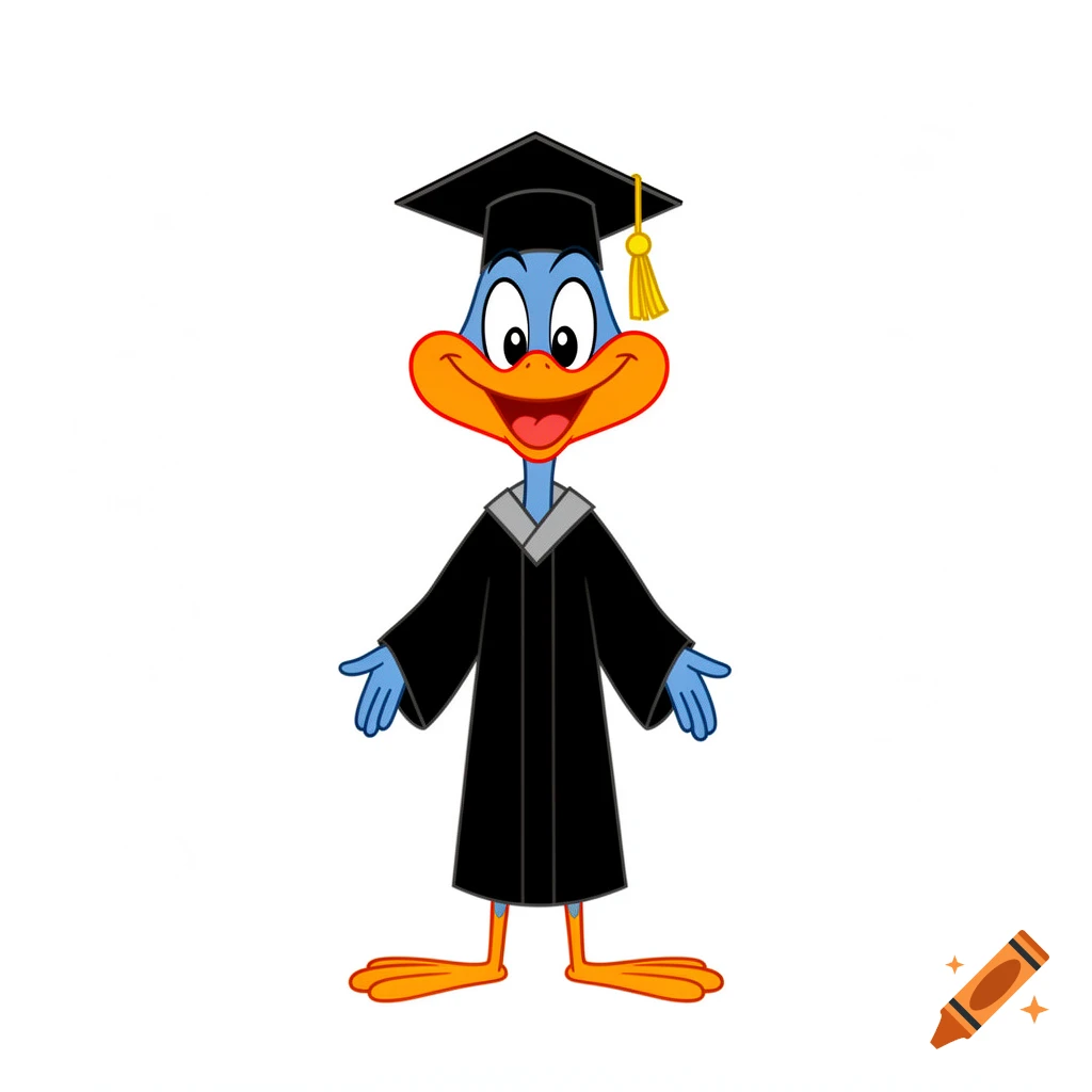 Road Runner cartoon character in a black graduation gown and mortarboard with a yellow tassel, smiling proudly in vector style.