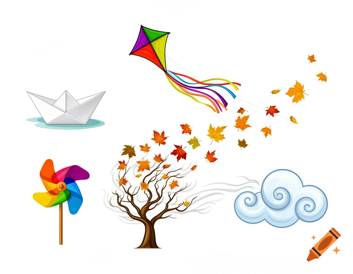 Clipart of a paper boat, a colorful kite, a rainbow pinwheel, a tree with autumn leaves, and a wind cloud on a white background.