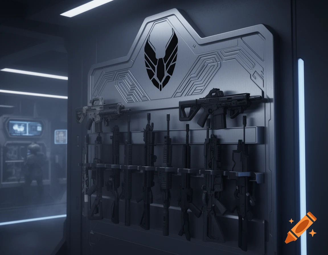 A detailed, futuristic weapon rack displays multiple sci-fi firearms, featuring a prominent symbol and sleek design in a dark, metallic environment.