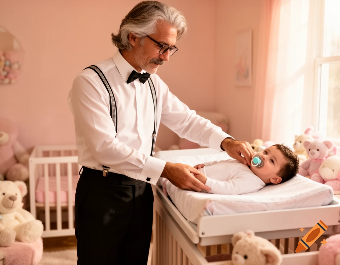 A stylish man in a tuxedo shirt with suspenders changes a baby's diaper on a changing table in a pink nursery filled with teddy bears.