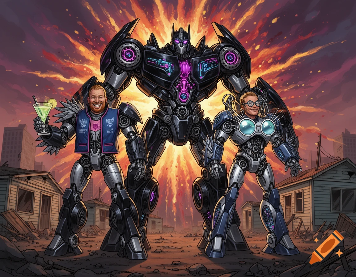 Two men with human torsos and heads are integrated into robot bodies, flanking a larger central robot, with an explosive sky over a ruined urban landscape in a comic art style.