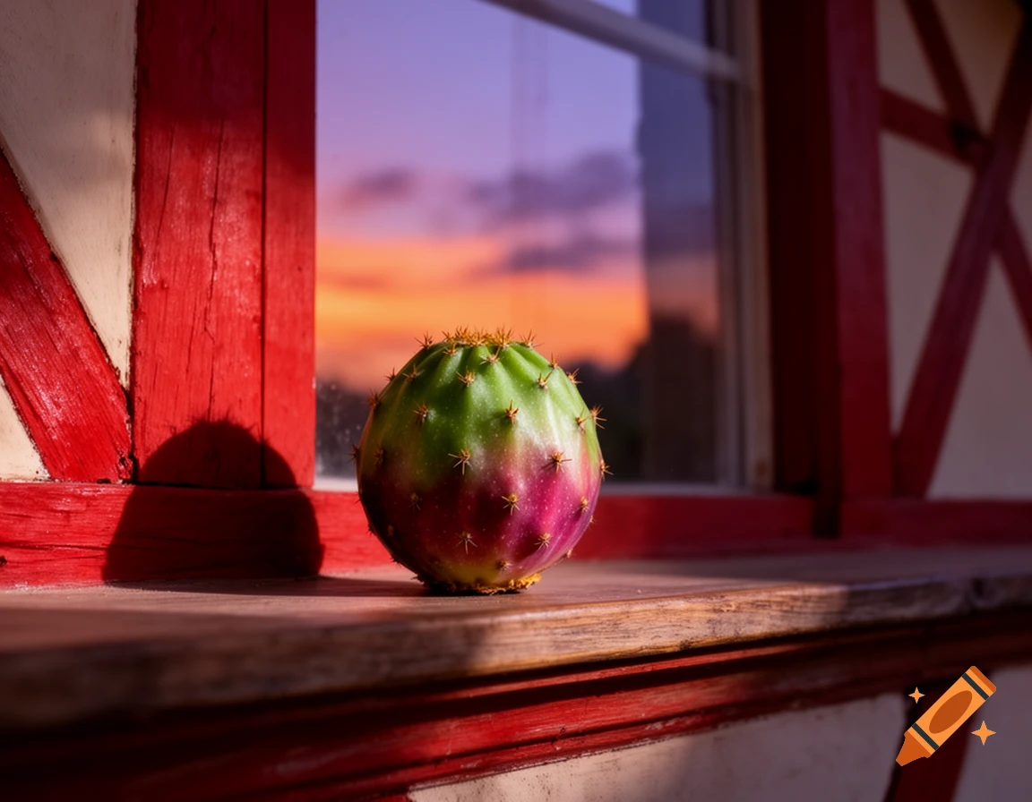 A vibrant, green and purple cactus fruit sits on a wooden windowsill of a red timber-framed window, reflecting a sunset sky.